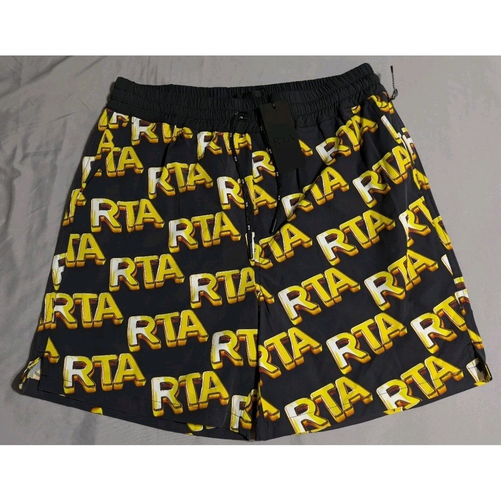 RTA Matt Bullion Shorts Mens M Black Yellow Logo Graphic Drawstring NWT